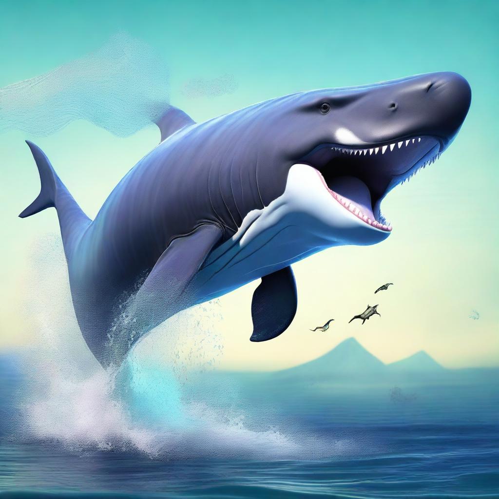 A digital art image depicting a unique creature, a blend of a whale and a dinosaur in one body