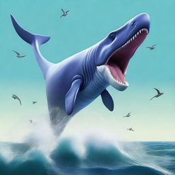 A digital art image depicting a unique creature, a blend of a whale and a dinosaur in one body