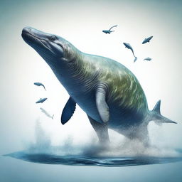 A digital art image depicting a unique creature, a blend of a whale and a dinosaur in one body