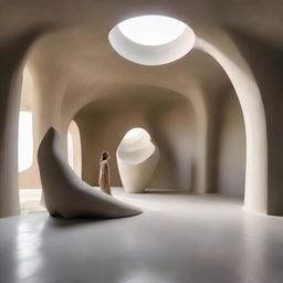 An expansive avant-garde gallery, boasting polished concrete walls and a beach inspired floor, is dominated by a large, intricate sculpture made entirely of sand. This masterpiece has captured the attention of the small silhouettes, some lost in its wonder. The scene is encapsulated in stunning architectural photography.