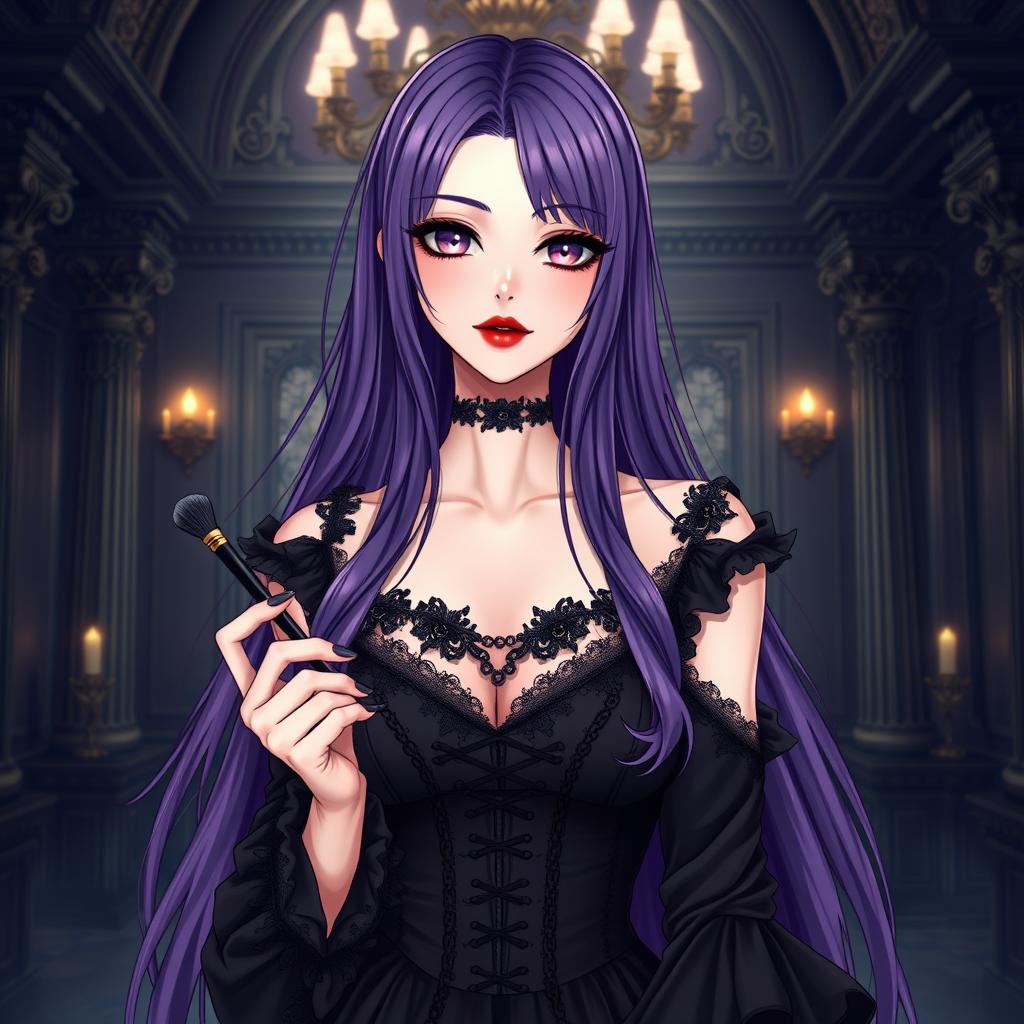 A stunning gothic anime girl with long, flowing purple hair, elegantly attired in a beautiful gothic black dress adorned with black sleeves and intricate chains