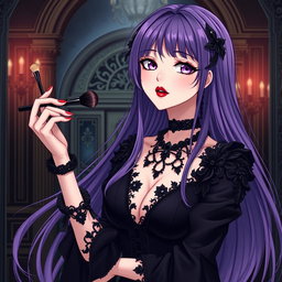 A stunning gothic anime girl with long, flowing purple hair, elegantly attired in a beautiful gothic black dress adorned with black sleeves and intricate chains