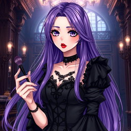 A stunning gothic anime girl with long, flowing purple hair, elegantly attired in a beautiful gothic black dress adorned with black sleeves and intricate chains