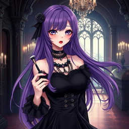 A stunning gothic anime girl with long, flowing purple hair, elegantly attired in a beautiful gothic black dress adorned with black sleeves and intricate chains