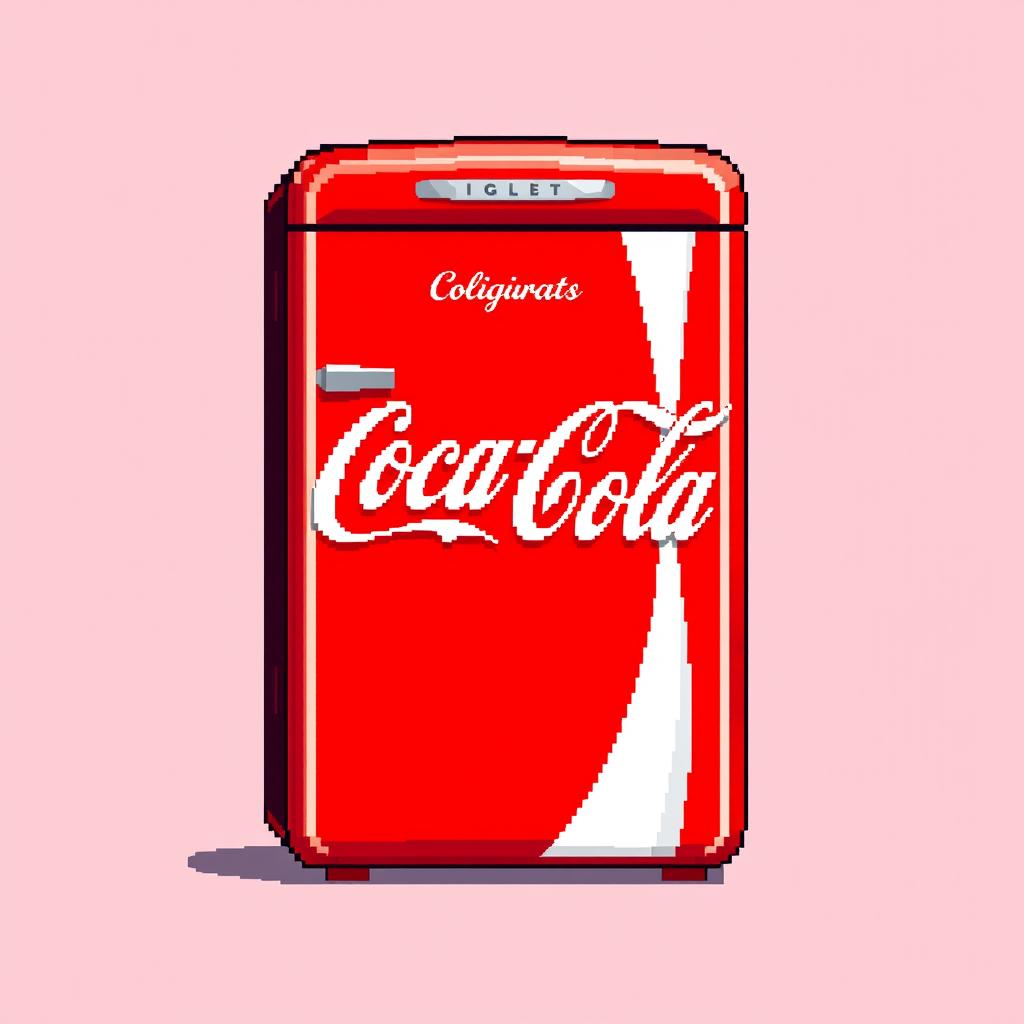 A vibrant pixel art representation of a Coca-Cola refrigerator, featuring the iconic red and white color scheme
