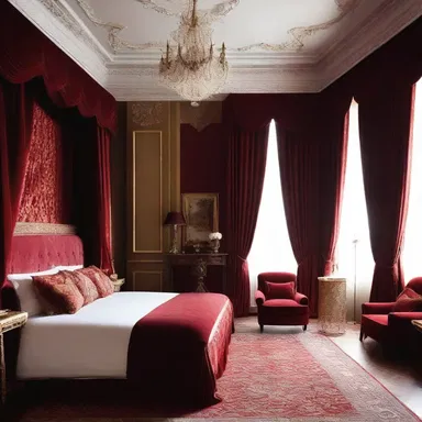The opulent bedroom design exuded an air of amorousness, with its rich red velvet curtains and luxurious silk sheets.