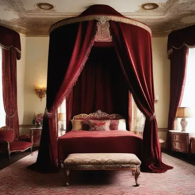 The opulent bedroom design exuded an air of amorousness, with its rich red velvet curtains and luxurious silk sheets.