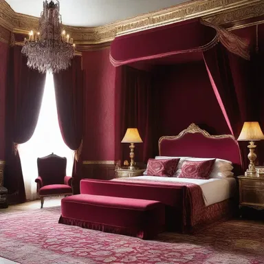 The opulent bedroom design exuded an air of amorousness, with its rich red velvet curtains and luxurious silk sheets.