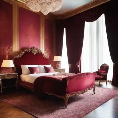 The opulent bedroom design exuded an air of amorousness, with its rich red velvet curtains and luxurious silk sheets.