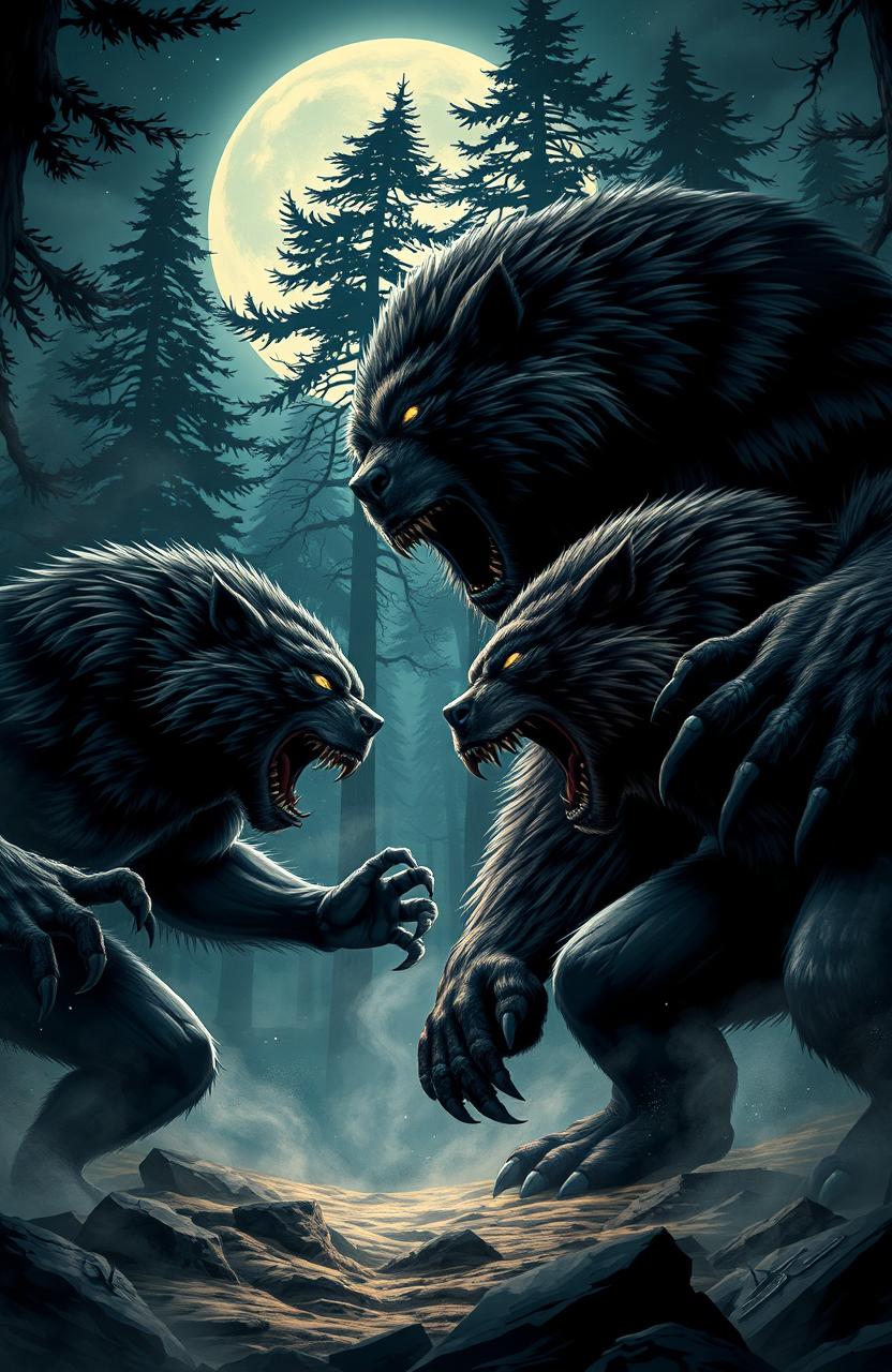 An epic showdown scene featuring fierce werewolves and powerful werebears in a dramatic forest setting