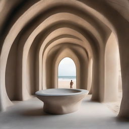 An expansive avant-garde gallery, boasting polished concrete walls and a beach inspired floor, is dominated by a large, intricate sculpture made entirely of sand. This masterpiece has captured the attention of the small silhouettes, some lost in its wonder. The scene is encapsulated in stunning architectural photography.