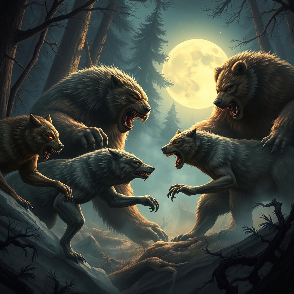 An epic showdown scene depicting fearsome werewolves and colossal werebears locked in combat within a dark, enchanted forest