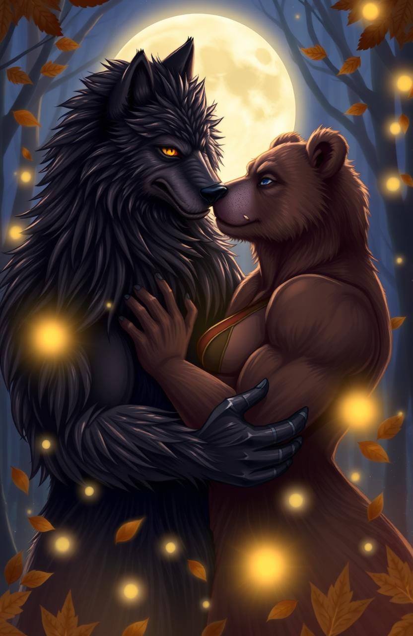 A passionate love story between a werewolf and a werebear, set against a mystical forest backdrop under a full moon, showcasing their strong bond and emotional connection