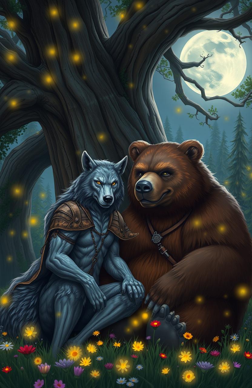 An imaginative depiction of a love story between a werewolf and a werebear, set in a mystical forest under a full moon