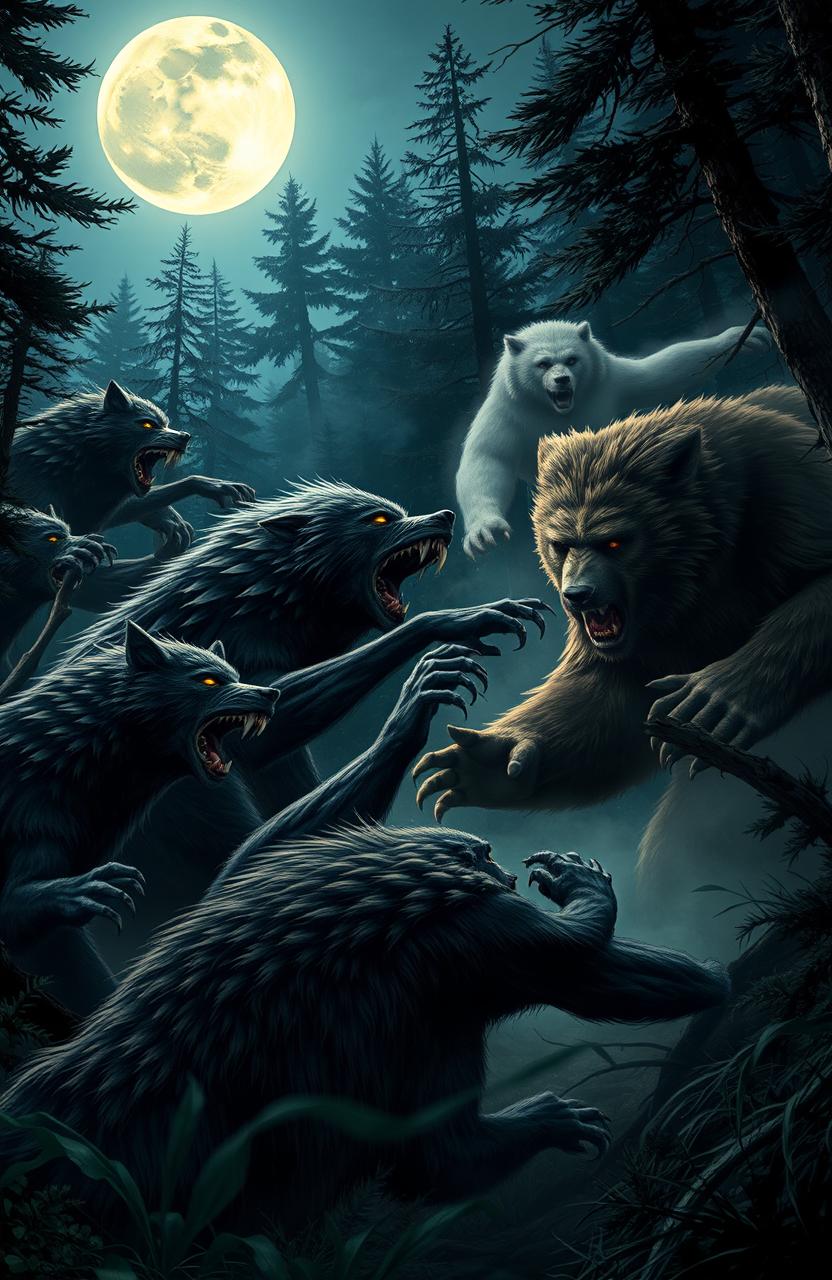 A dramatic battle scene between werewolves and werebears in a dense, moonlit forest