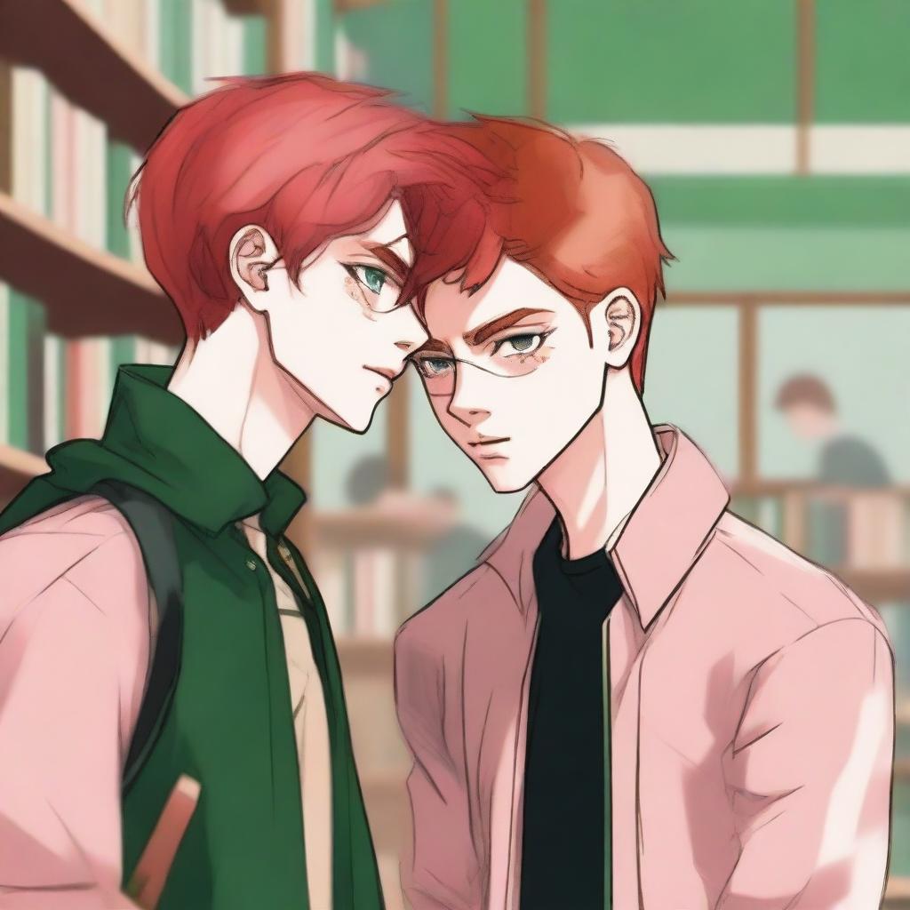 An evocative digital art piece capturing a tender moment between two high school boys in a library