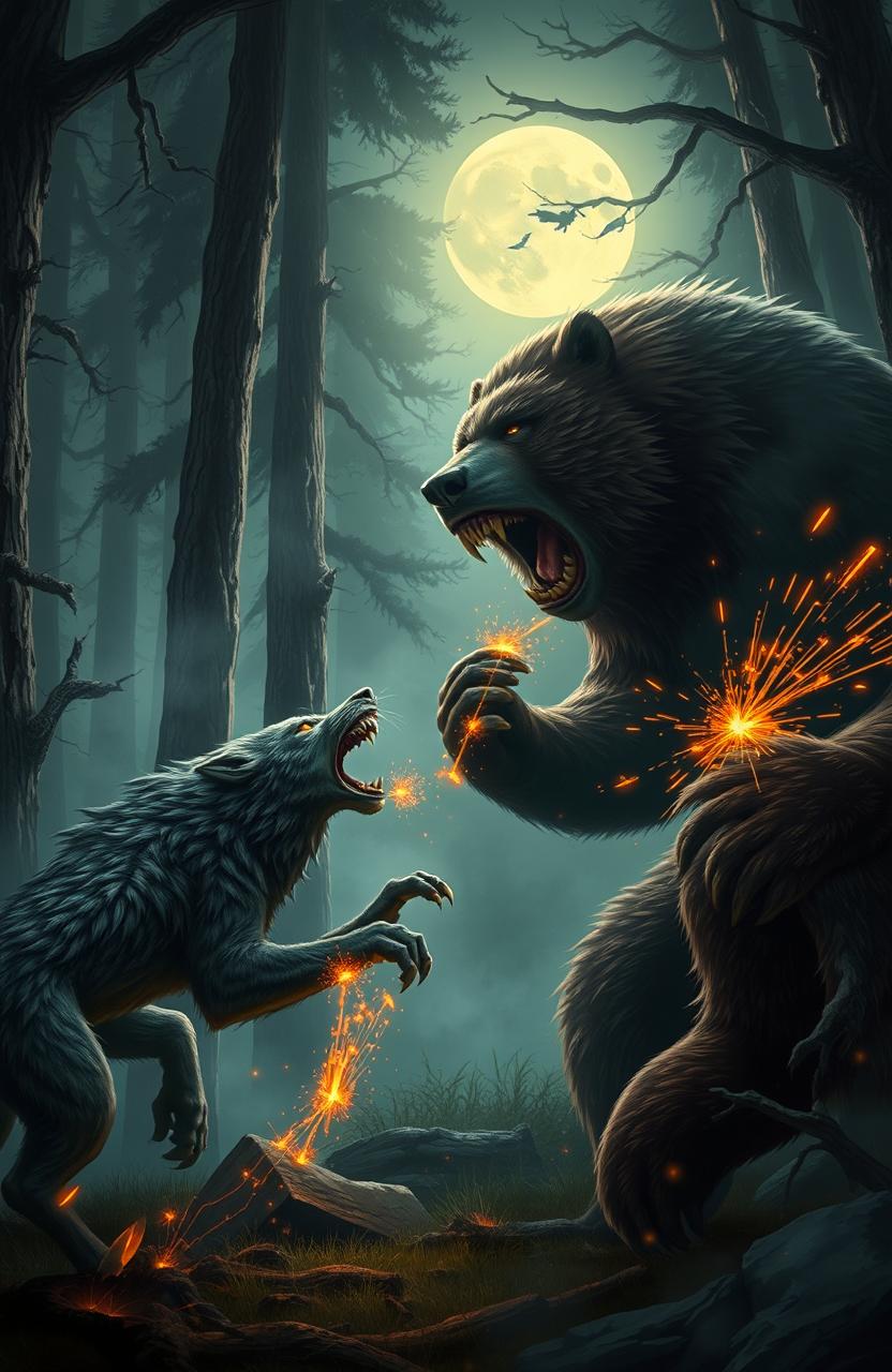 A dramatic battle scene depicting werewolves and werebears clashing in a mystical forest