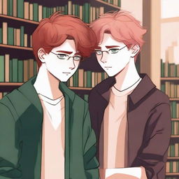 An evocative digital art piece capturing a tender moment between two high school boys in a library