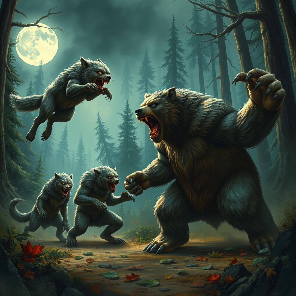 An epic war scene between werewolves and werebears set in an enchanted forest
