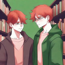 An evocative digital art piece capturing a tender moment between two high school boys in a library