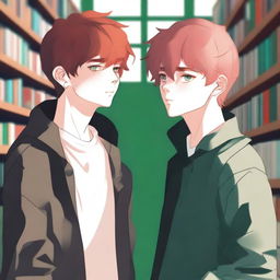 An evocative digital art piece capturing a tender moment between two high school boys in a library