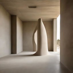 An expansive avant-garde gallery, boasting polished concrete walls and a beach inspired floor, is dominated by a large, intricate sculpture made entirely of sand. This masterpiece has captured the attention of the small silhouettes, some lost in its wonder. The scene is encapsulated in stunning architectural photography.