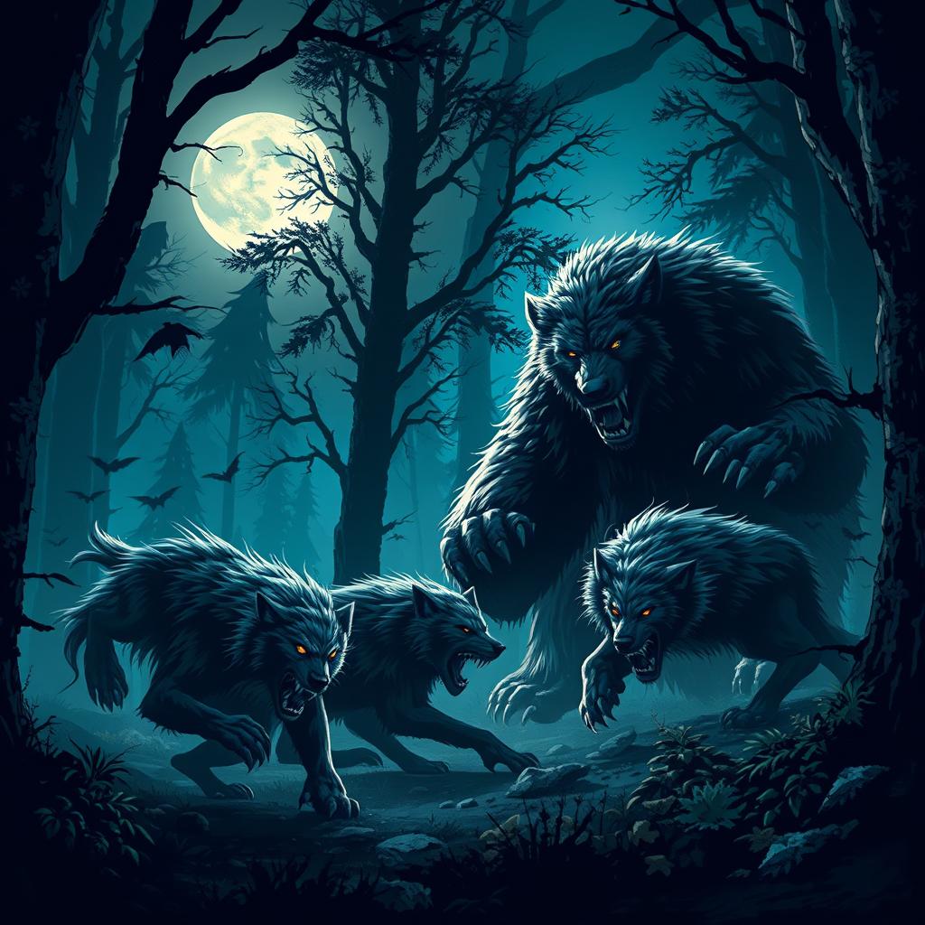 A thrilling battle scene between werewolves and werebears set in an eerie, enchanted forest