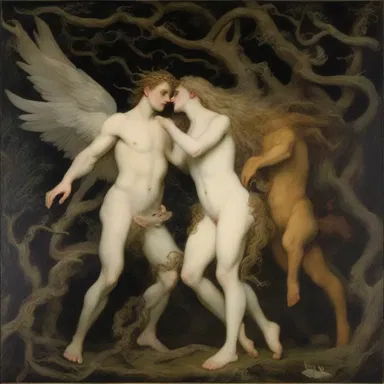 The painting depicted the amorousness between the mythical creatures, showcasing their passionate entanglement.