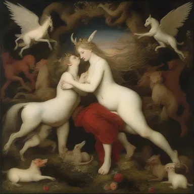 The painting depicted the amorousness between the mythical creatures, showcasing their passionate entanglement.