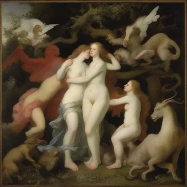 The painting depicted the amorousness between the mythical creatures, showcasing their passionate entanglement.