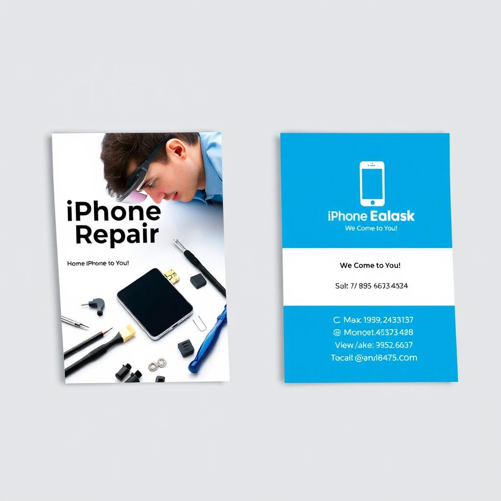 A sleek, modern business card design for an at-home iPhone repair service