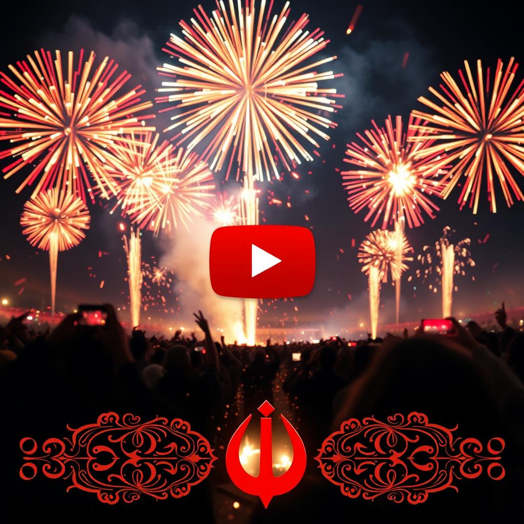 A vibrant YouTube thumbnail depicting a scene of an epic celebration featuring fireworks and explosions, with an Iranian theme