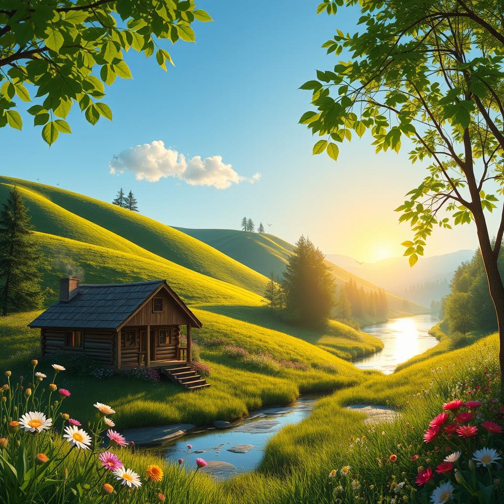 A serene and peaceful morning scene in a vibrant landscape