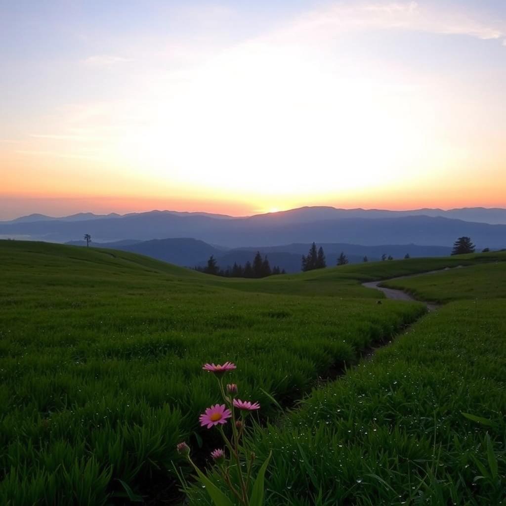 A tranquil morning scene featuring a soft sunrise illuminating the horizon