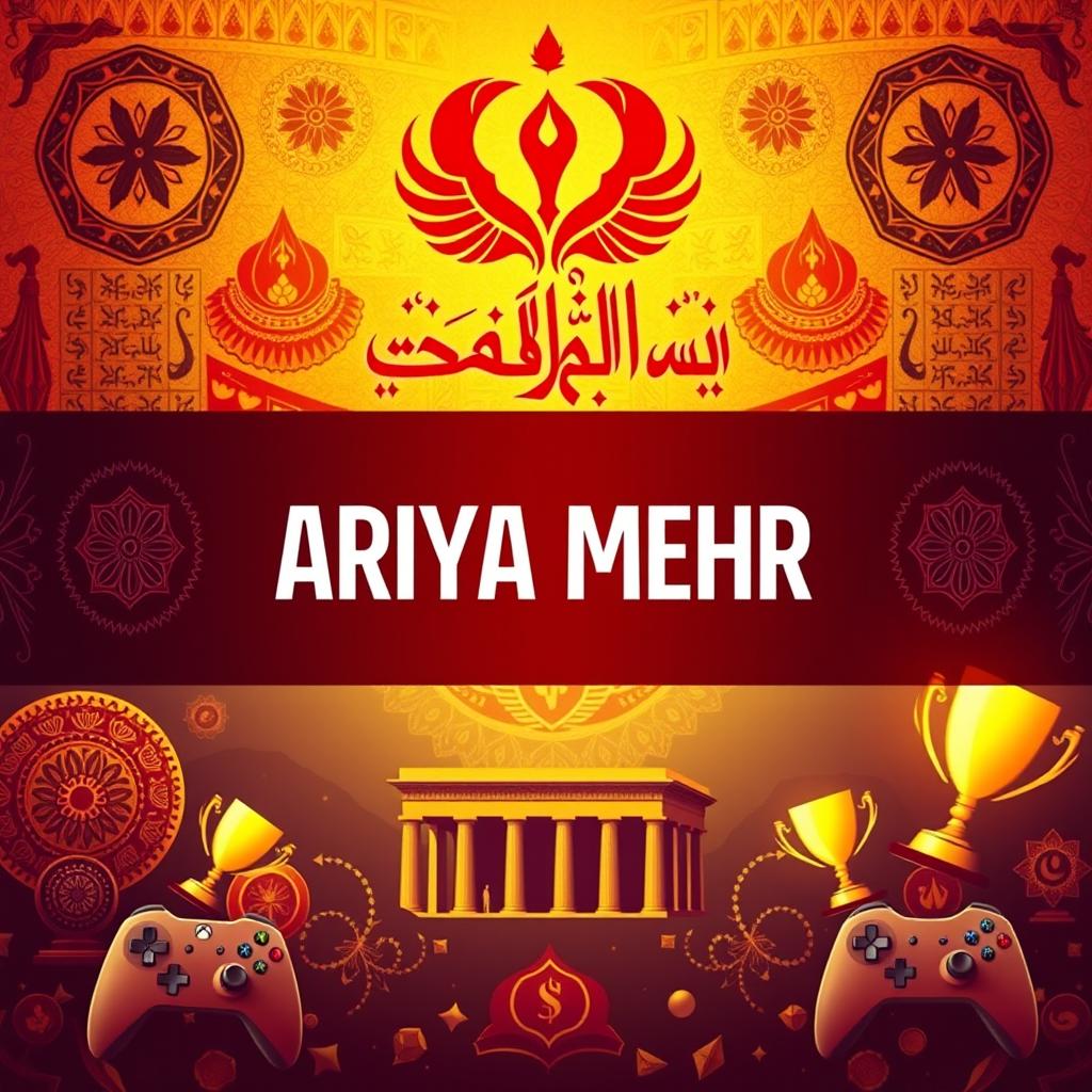 A vibrant YouTube banner featuring the channel name "ARIYA MEHR" prominently displayed in an artistic font that reflects Persian calligraphy