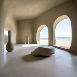 An exquisite avant-garde gallery with beautiful concrete walls that accentuates the space's grandeur. The beach-inspired floor fosters a large, intricate sand sculpture, the centerpiece that fascinates the tiny silhouettes. The entire captivating scene is captured in vivid architectural photography.