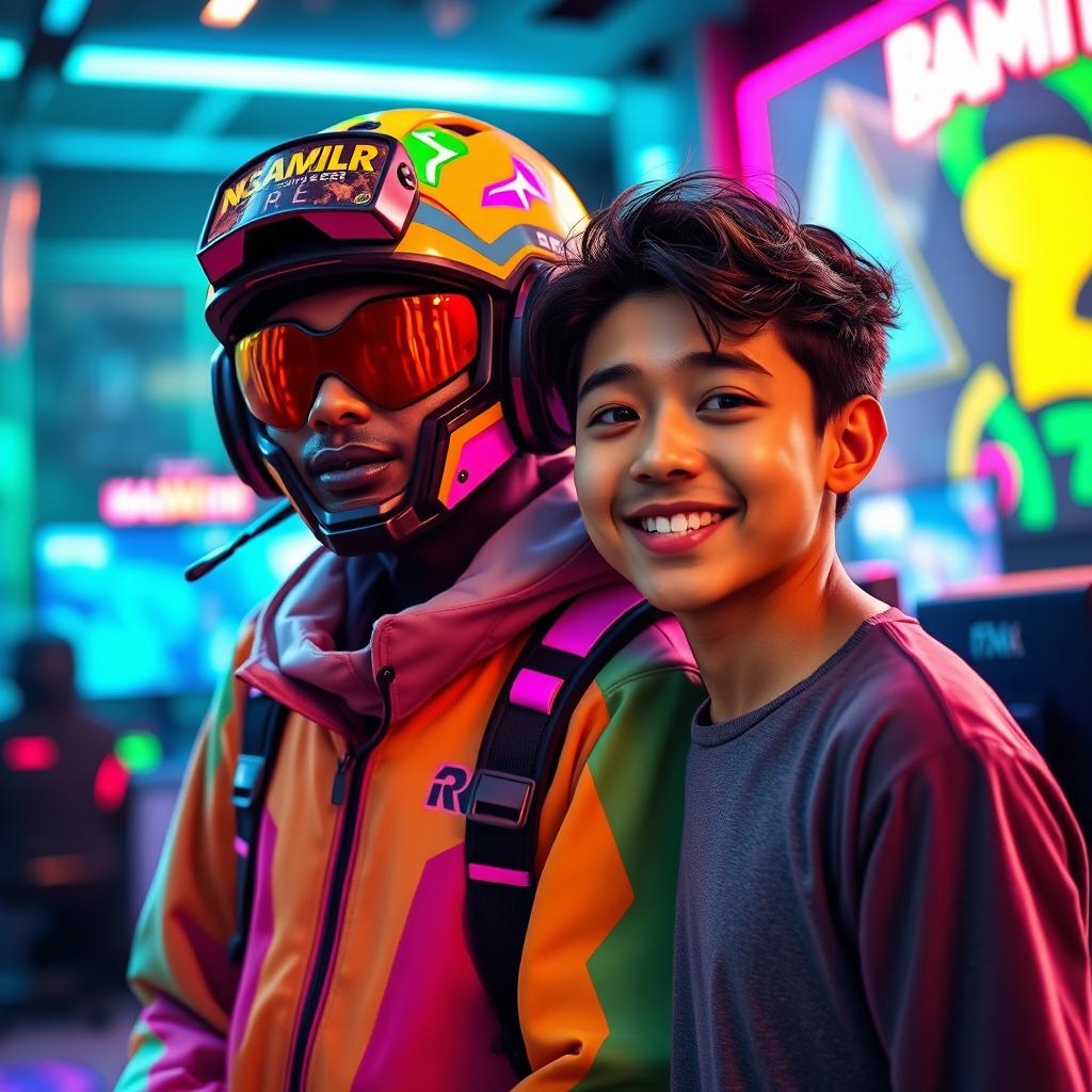 A vivid and engaging portrait featuring a person standing next to a highly detailed and artistic representation of a gamer character named Mahdibizixer