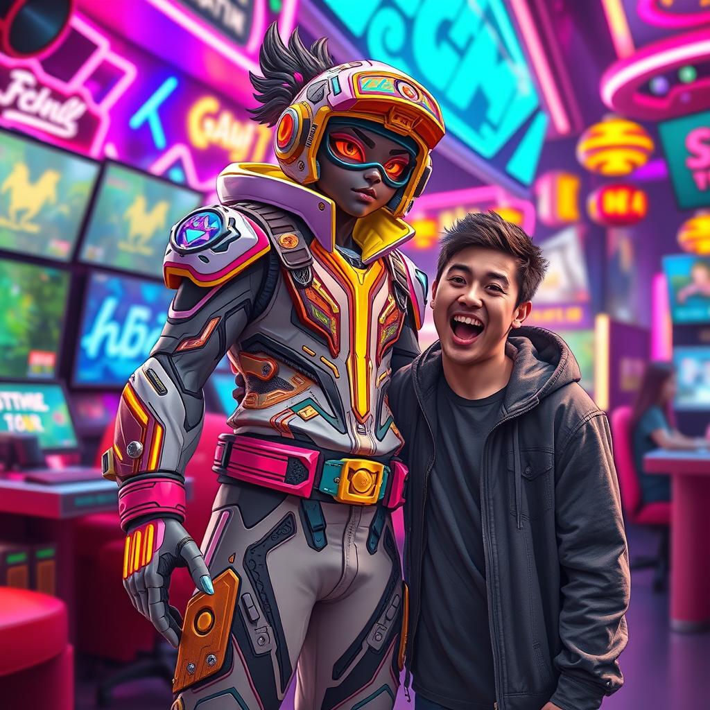 A vibrant and engaging portrait featuring a person standing next to a highly detailed and artistic representation of a gamer character named Mahdi Bizixer