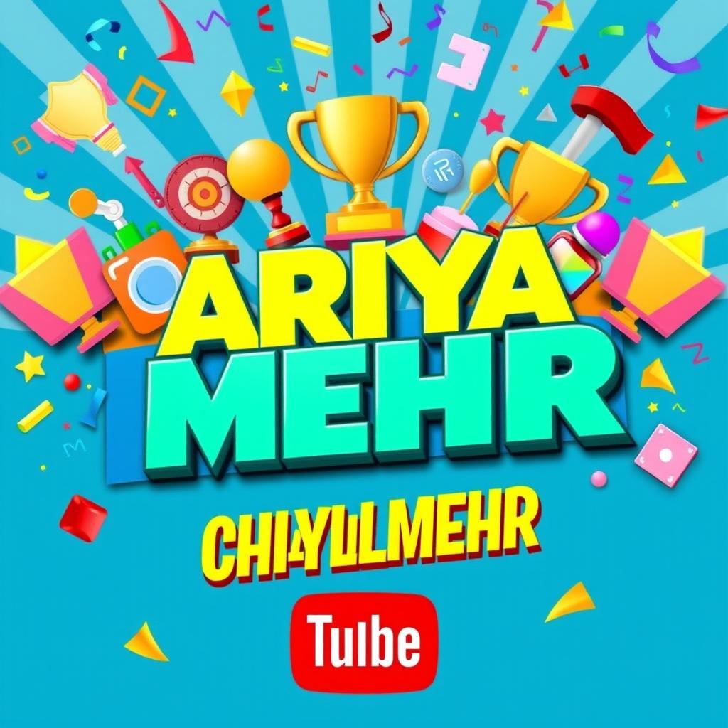 A vibrant YouTube banner for the channel "ARIYA MEHR" featuring exciting elements of a fun and entertaining competition challenge