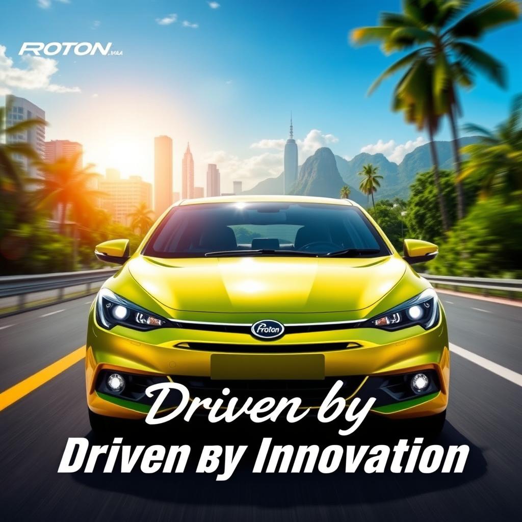 A dynamic and engaging promotional image for Proton Malaysia, showcasing a sleek Proton car model driving through lush Malaysian landscapes