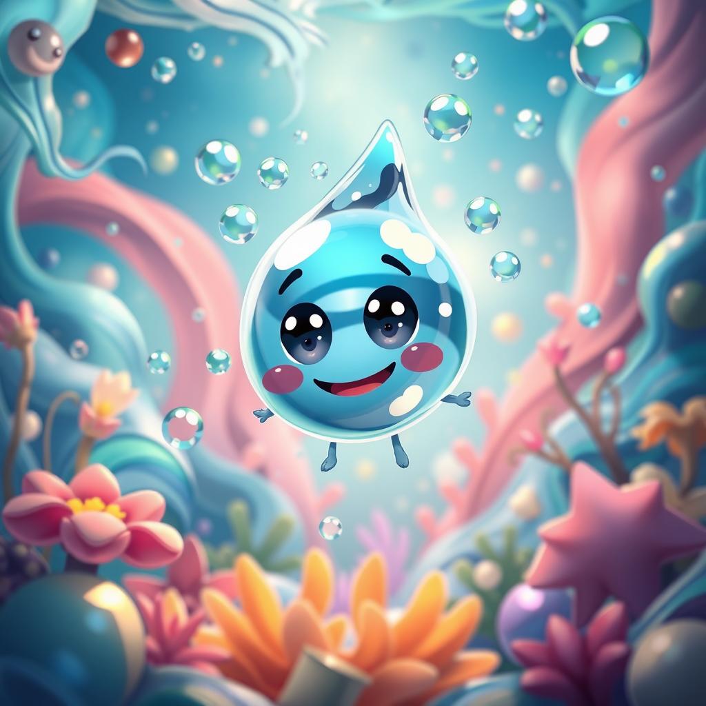 An imaginative scene depicting a tiny water molecule named Moleculus in a vibrant, fantastical liquid world