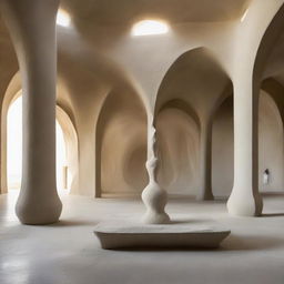 An exquisite avant-garde gallery with beautiful concrete walls that accentuates the space's grandeur. The beach-inspired floor fosters a large, intricate sand sculpture, the centerpiece that fascinates the tiny silhouettes. The entire captivating scene is captured in vivid architectural photography.