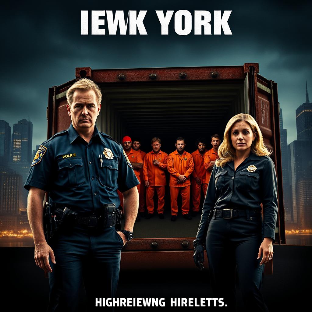 A dramatic movie poster featuring two New York police officers in uniform, one male and one blonde female, both looking worried