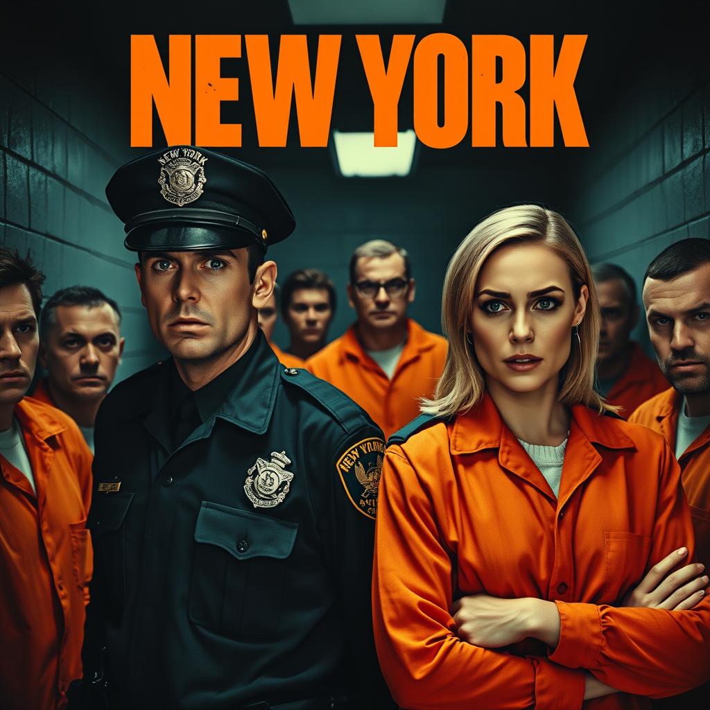 A dramatic movie poster featuring two New York police officers in full uniform: one male and one blonde female, both looking worried and tense