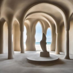 An exquisite avant-garde gallery with beautiful concrete walls that accentuates the space's grandeur. The beach-inspired floor fosters a large, intricate sand sculpture, the centerpiece that fascinates the tiny silhouettes. The entire captivating scene is captured in vivid architectural photography.