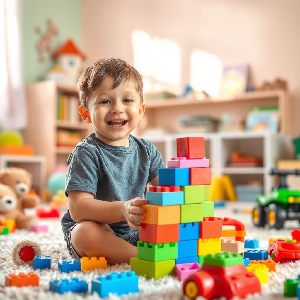 A young boy happily playing with colorful building blocks in a bright, cheerful room filled with toys
