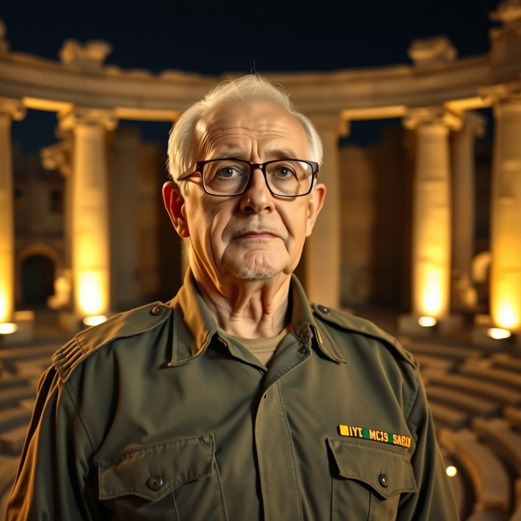 An elderly man wearing glasses and a military uniform, standing proudly in the amphitheater of Bosra Al-Sham, located in the city of Daraa, Syria