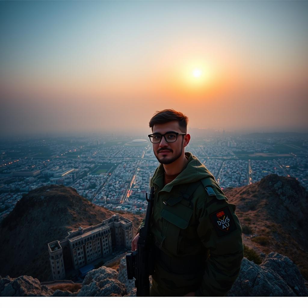 A powerful image of a soldier wearing glasses and military attire standing triumphantly at the peak of Qasioun Mountain, overlooking the vibrant city of Damascus below