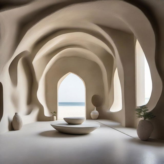 An exquisite avant-garde gallery with beautiful concrete walls that accentuates the space's grandeur. The beach-inspired floor fosters a large, intricate sand sculpture, the centerpiece that fascinates the tiny silhouettes. The entire captivating scene is captured in vivid architectural photography.