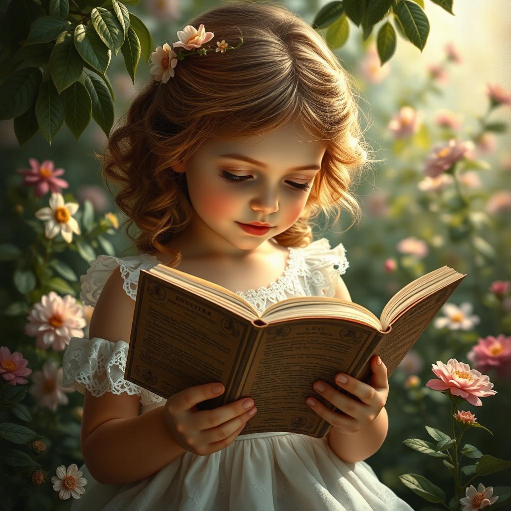 A whimsical and playful portrait inspired by the painting "Young Girl Reading" by Jean-Honoré Fragonard, featuring a young girl immersed in a book, surrounded by a lush garden filled with blooming flowers
